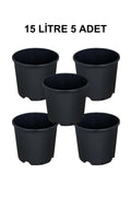 Grow Wizard 15 litre plastik yuvarlak saksı 5 adet – beş adet geniş siyah yuvarlak saksının görünümü