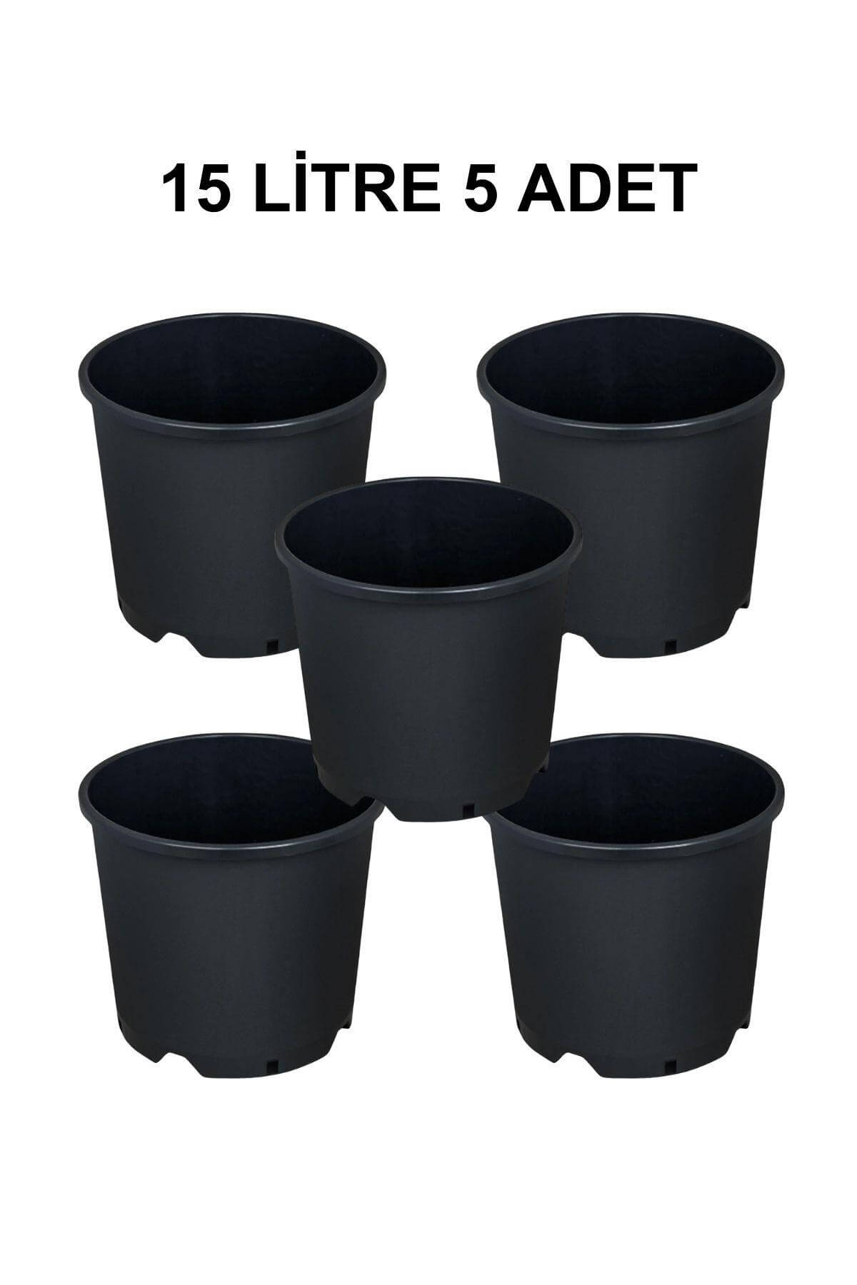 Grow Wizard 15 litre plastik yuvarlak saksı 5 adet – beş adet geniş siyah yuvarlak saksının görünümü