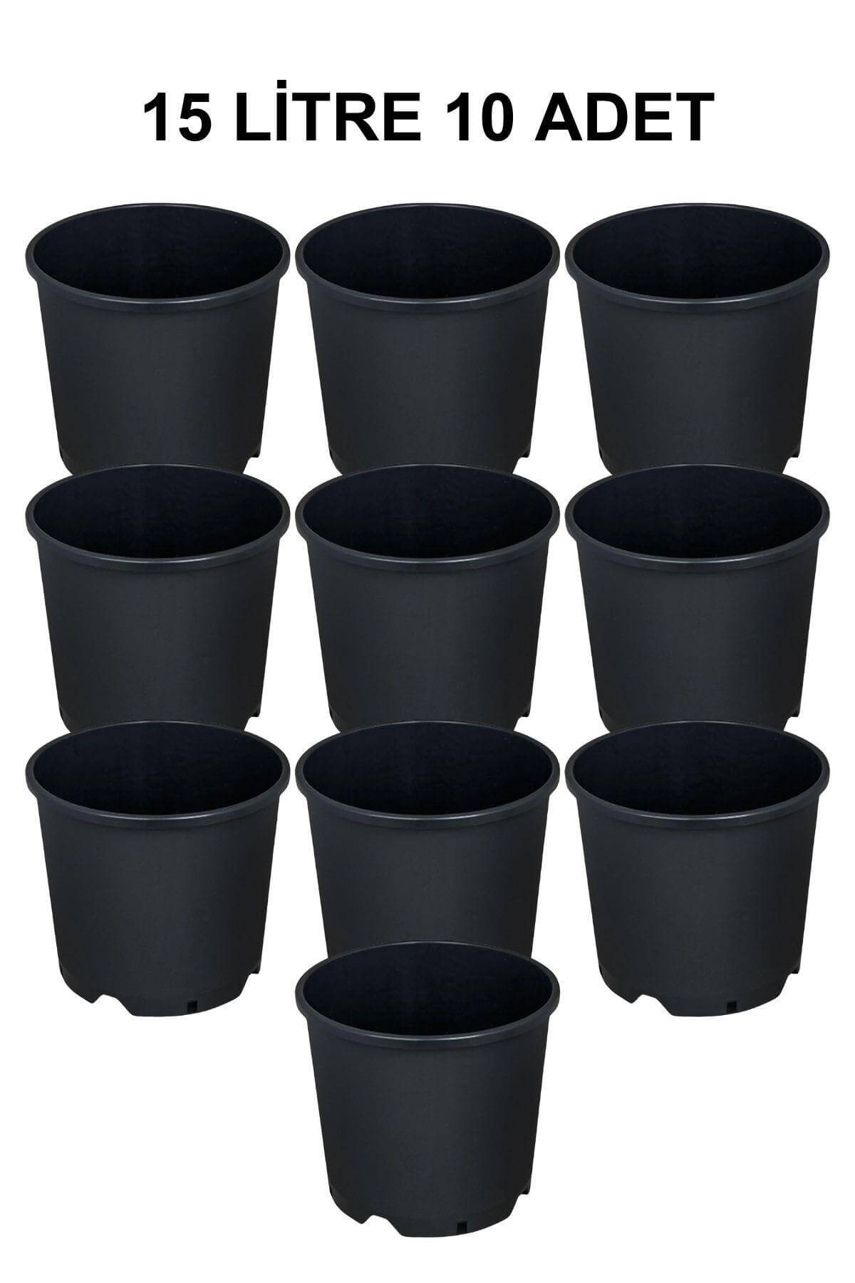 Grow Wizard 15 litre plastik yuvarlak saksı 10 adet – on adet geniş siyah yuvarlak saksının istifi