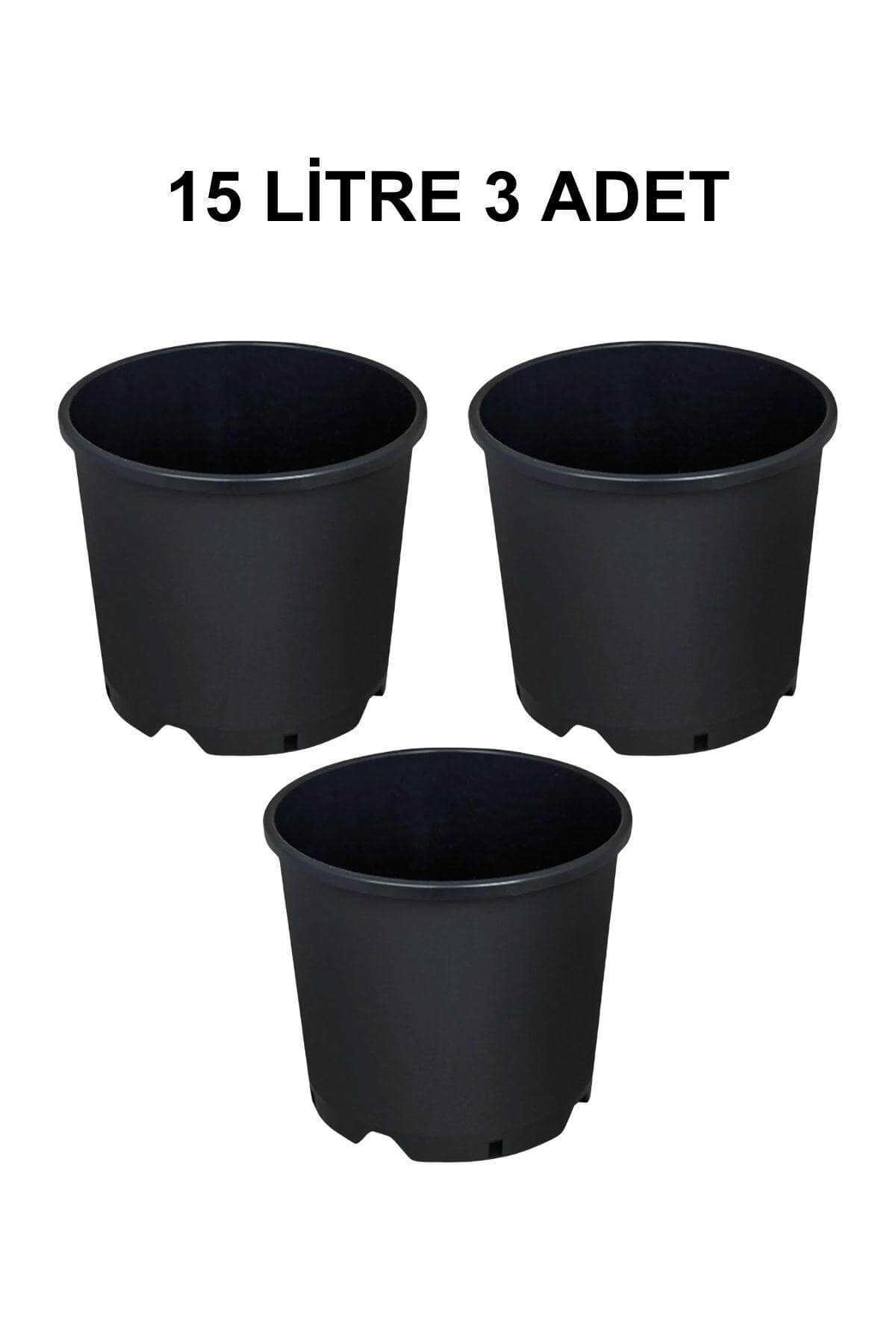Grow Wizard 15 litre plastik yuvarlak saksı 3 adet – üç adet geniş siyah yuvarlak saksı yan yana
