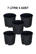 Grow Wizard 7 litre plastik yuvarlak saksı 5 adet – beş adet siyah yuvarlak saksının toplu görünümü