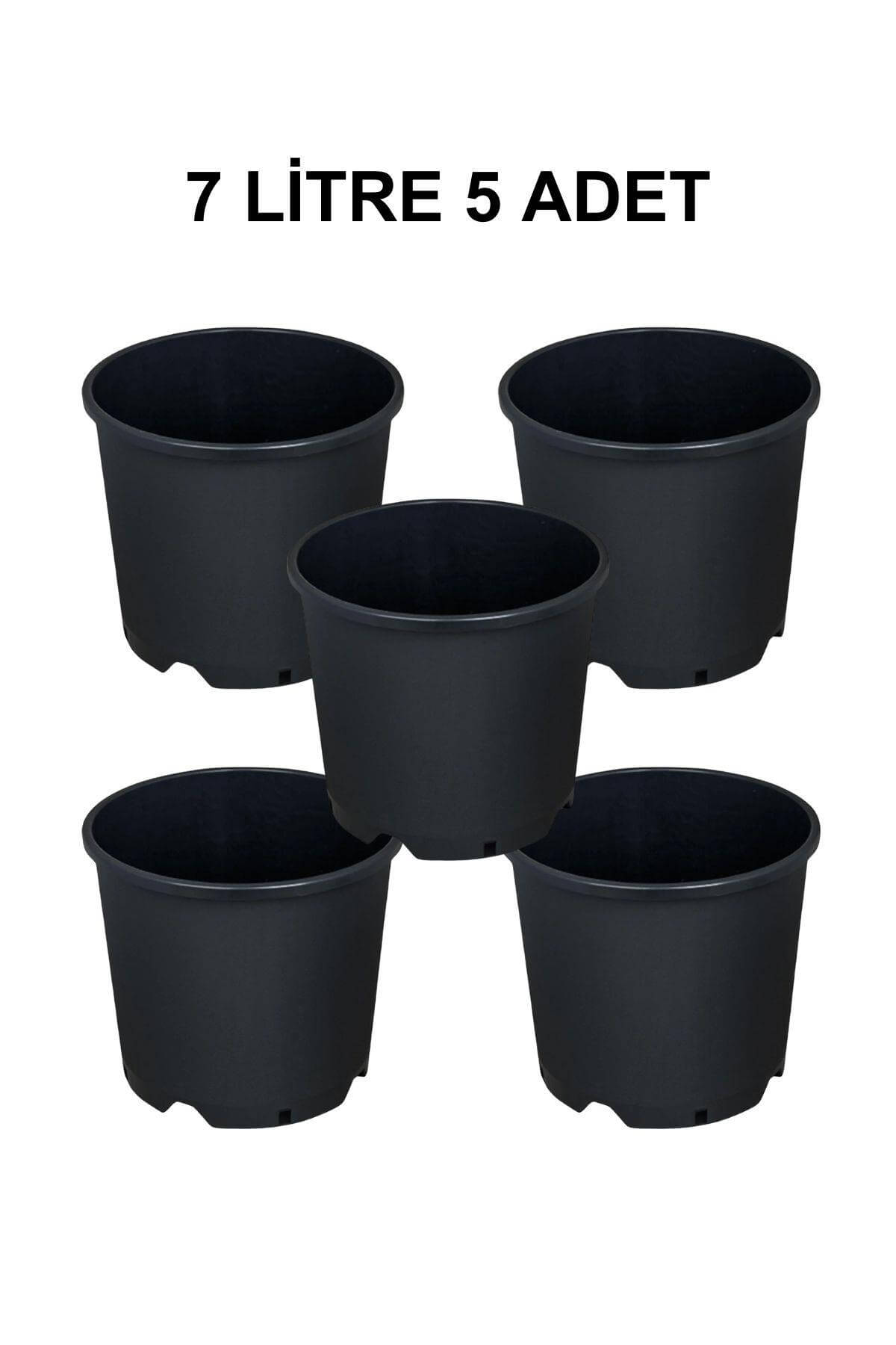 Grow Wizard 7 litre plastik yuvarlak saksı 5 adet – beş adet siyah yuvarlak saksının toplu görünümü