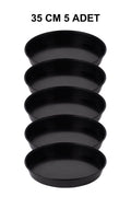 Grow Wizard 35 cm yuvarlak saksı altlığı 5 adet – beş adet siyah yuvarlak altlığın toplu görünümü