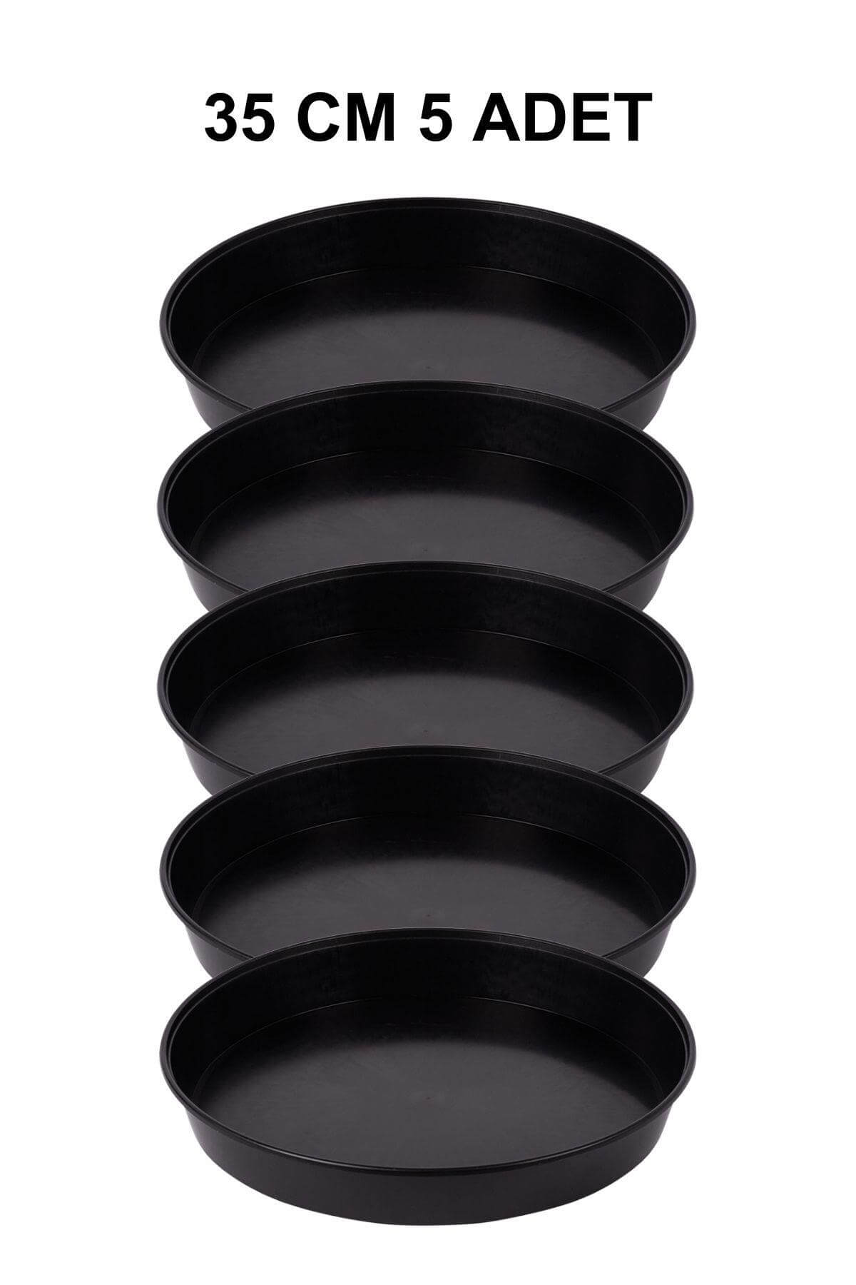 Grow Wizard 35 cm yuvarlak saksı altlığı 5 adet – beş adet siyah yuvarlak altlığın toplu görünümü