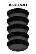Grow Wizard 45 cm yuvarlak saksı altlığı 5 adet – beş adet büyük siyah yuvarlak altlığın görünümü