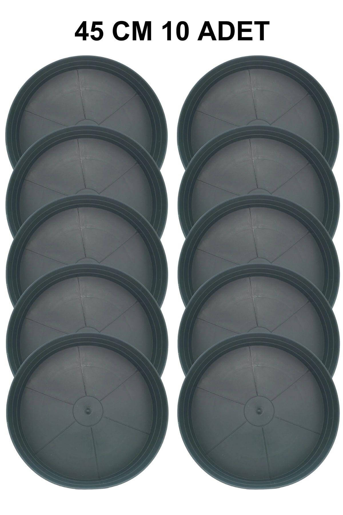 Grow Wizard 45 cm yuvarlak yeşil saksı altlığı 10 adet – on adet yeşil plastik altlığın iç içe istifi