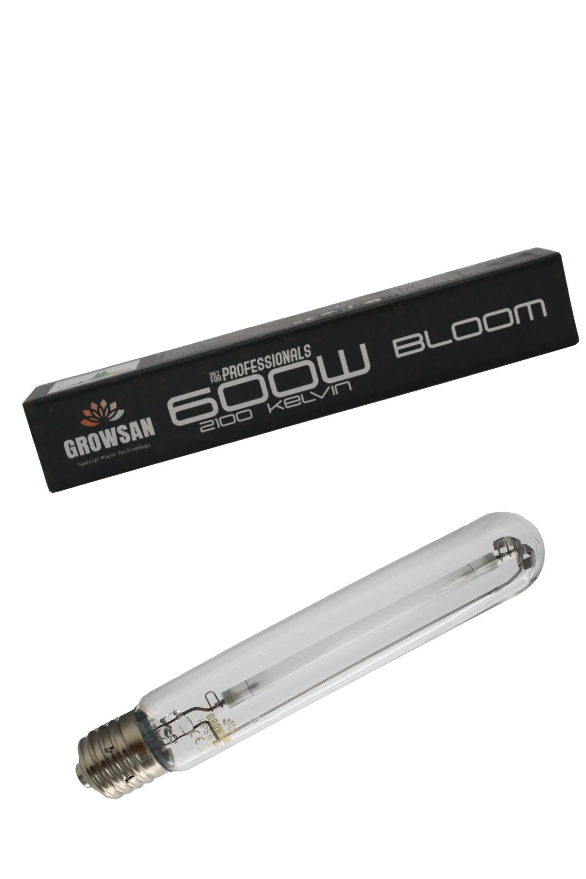 Growsan 600 W SHP çift spektrum ampul – büyük boy sodyum lamba, cam tüp ve vidalı duy detayı