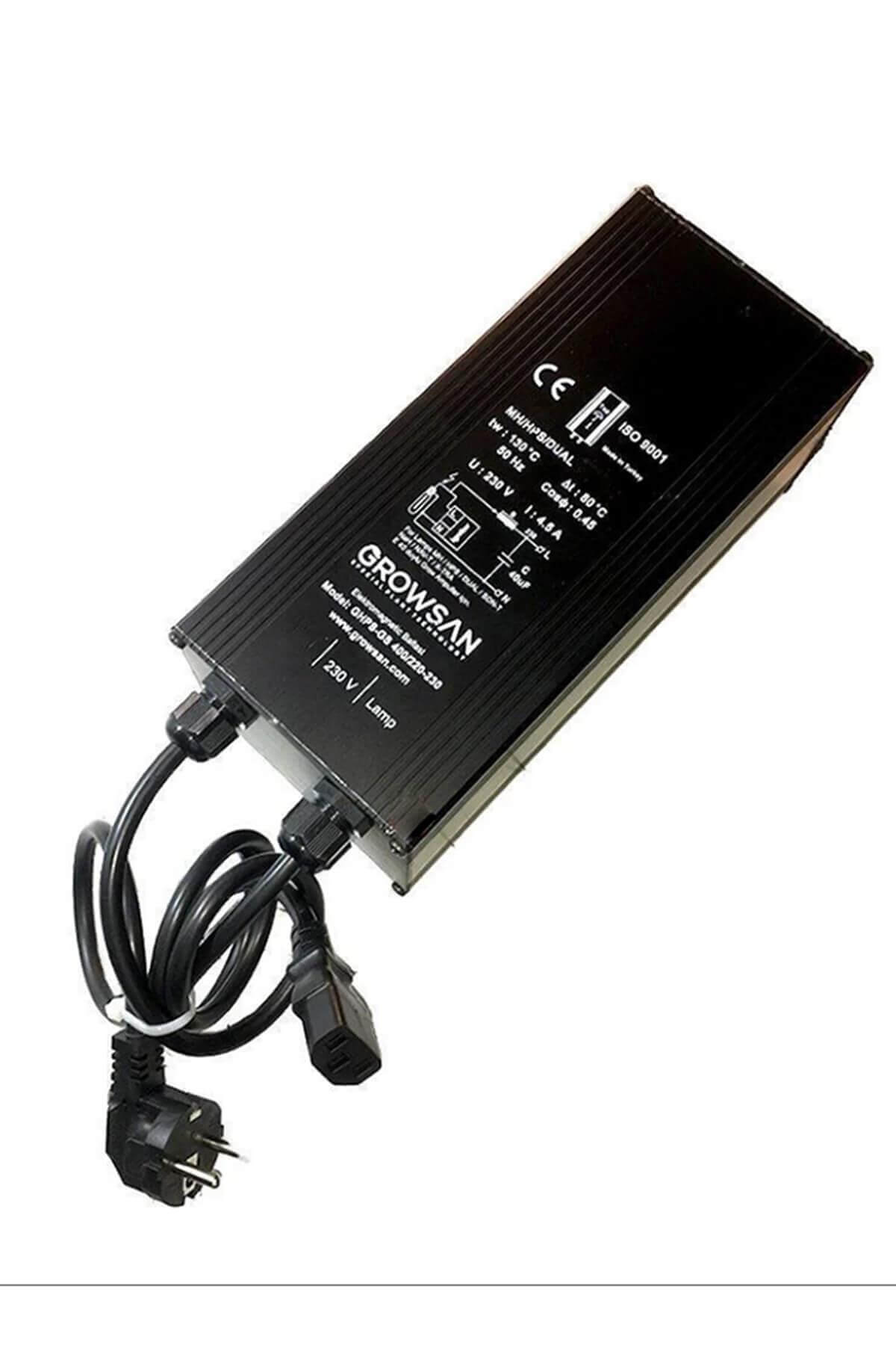 Growsan 250 W balast – gri alüminyum gövdeli kompakt balast kasası ve çıkış kabloları görseli