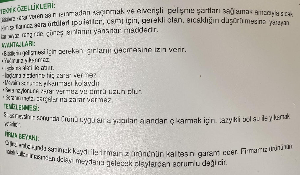 Örtüye Püskürtülen Beyaz Gölgeleme Sıvısı Sera Gölgelik – PE ve Cam Seralar İçin, 6 L