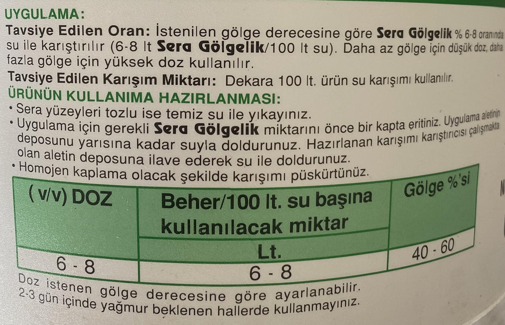 Örtüye Püskürtülen Beyaz Gölgeleme Sıvısı Sera Gölgelik – PE ve Cam Seralar İçin, 6 L