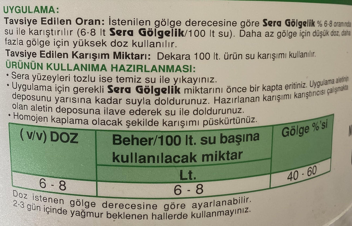 Örtüye Püskürtülen Beyaz Gölgeleme Sıvısı Sera Gölgelik – PE ve Cam Seralar İçin, 6 L