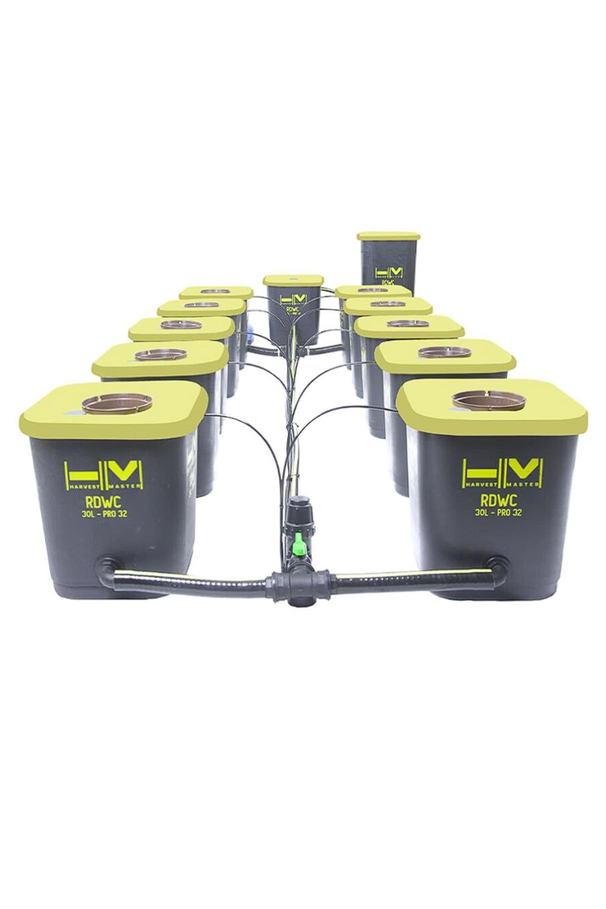 Harvest Master PRO RDWC 10 – on saksılı geniş hidroponik kurulum, dağıtıcı kova ve büyük su tankı