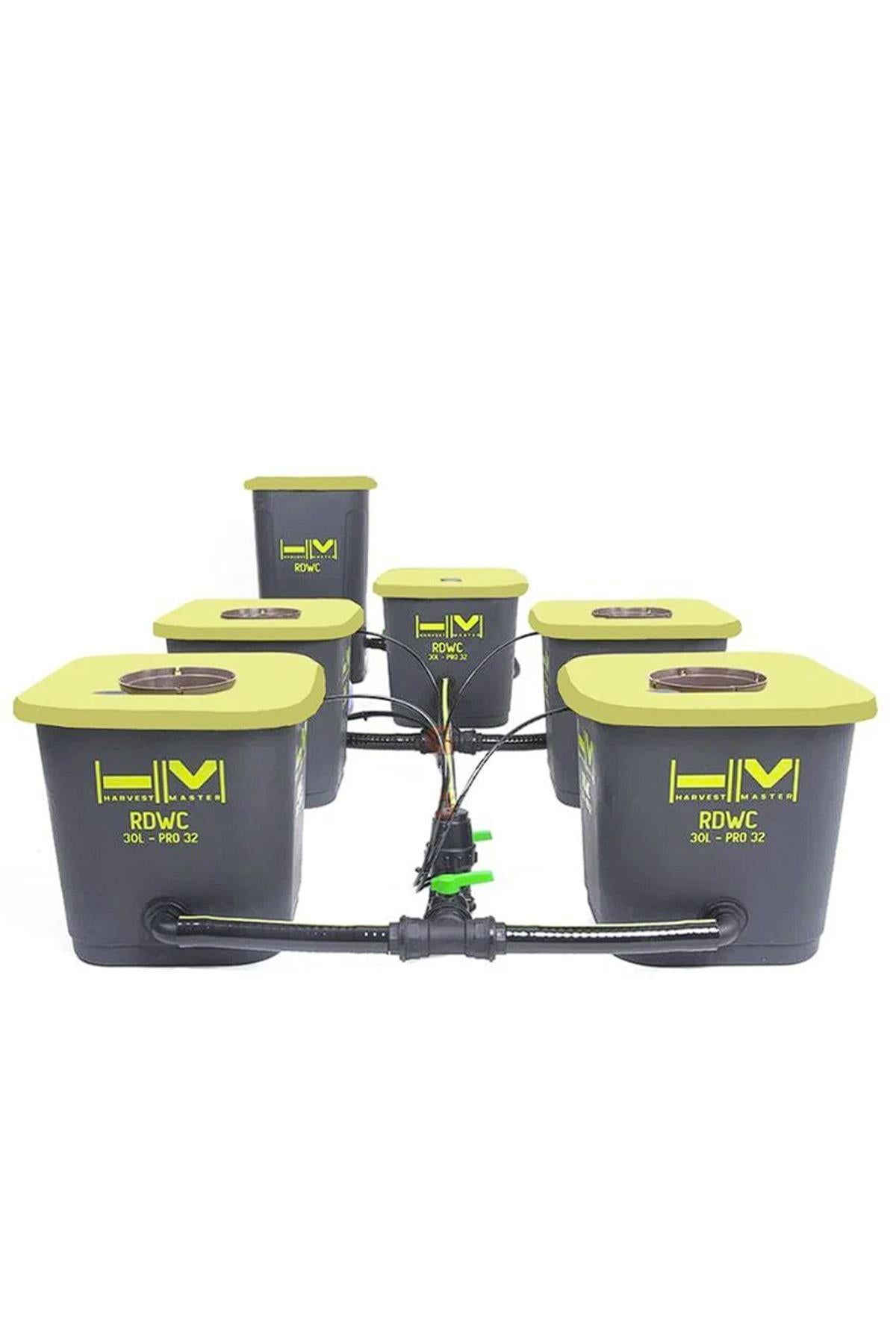 Harvest Master RDWC 4 – dört adet siyah saksı, dağıtıcı kova, su tankı ve bağlantı hortumları