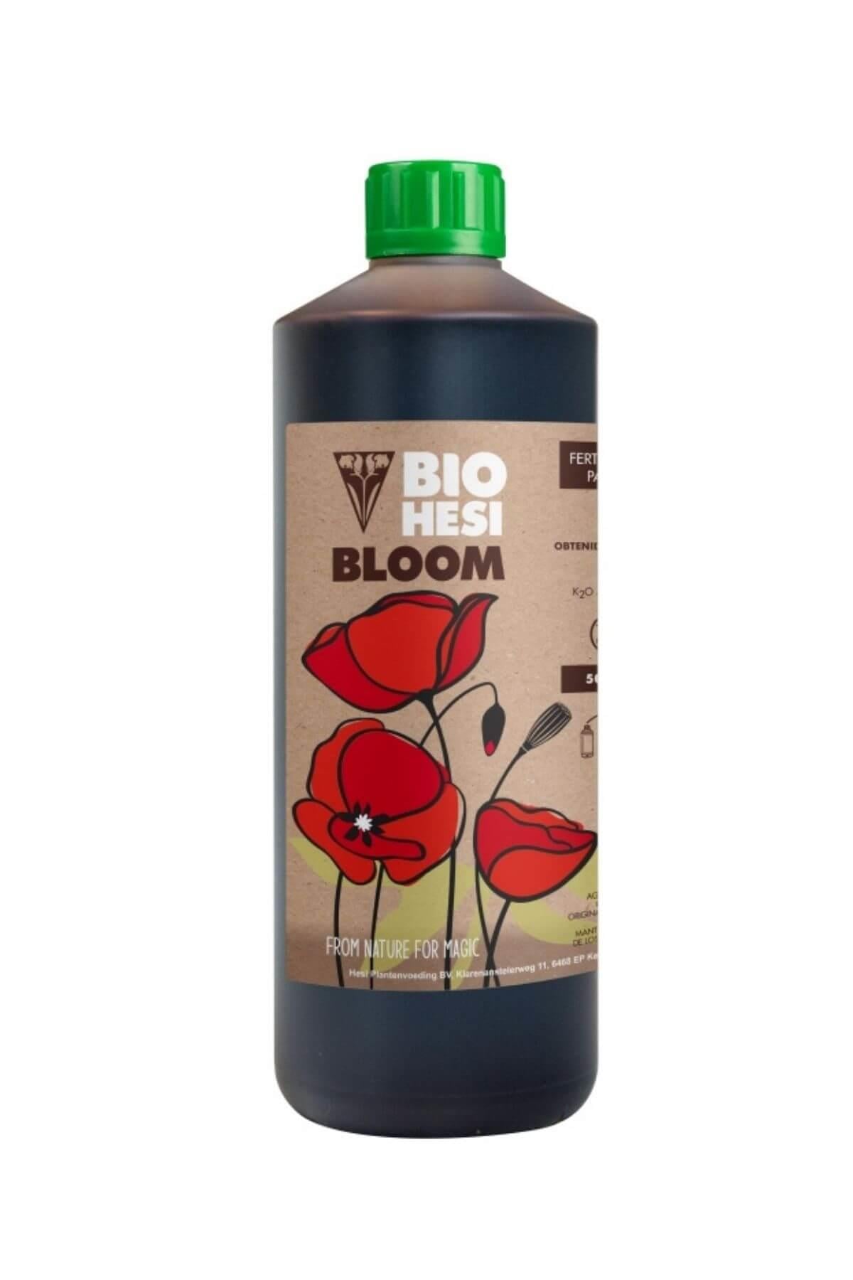 Bio Hesi Bloom 1 litre kahverengi kraft etiketli şişe – kırmızı gelincik görseli, yeşil kapak, koyu gövde