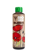Bio Hesi Bloom 500 ml kahverengi kraft etiketli şişe – kırmızı gelincik çizimi ve yeşil vidalı kapak