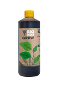 Bio Hesi Grow 1 litre kahverengi kraft etiketli şişe – yeşil yaprak çizimi, sarı kapak, koyu gövde