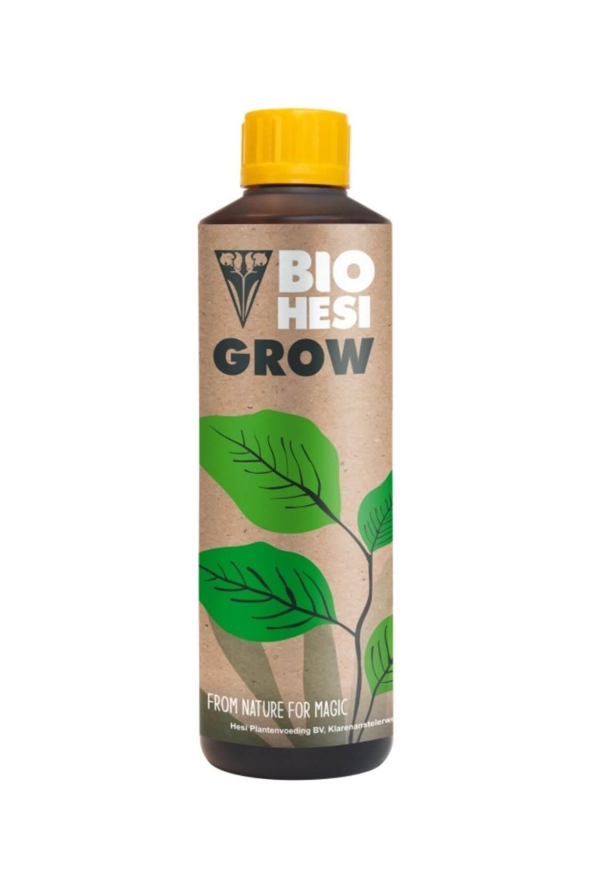 Bio Hesi Grow 500 ml kahverengi kraft görünümlü şişe – yeşil yaprak çizimi ve sarı vidalı kapak