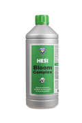 Hesi Bloom Complex 1 litre gümüş şişe – yeşil etiket, Hesi amblemi ve yeşil vidalı kapak