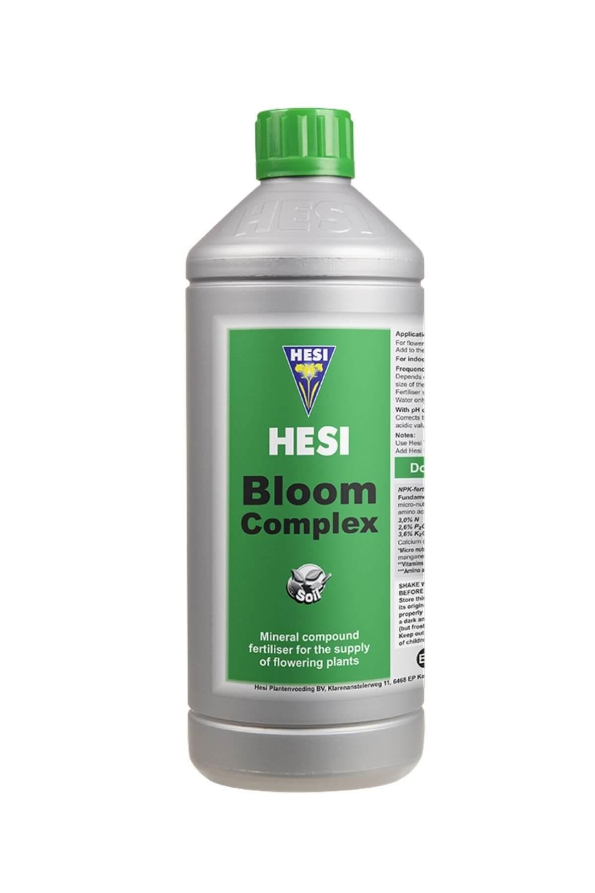 Hesi Bloom Complex 1 litre gümüş şişe – yeşil etiket, Hesi amblemi ve yeşil vidalı kapak