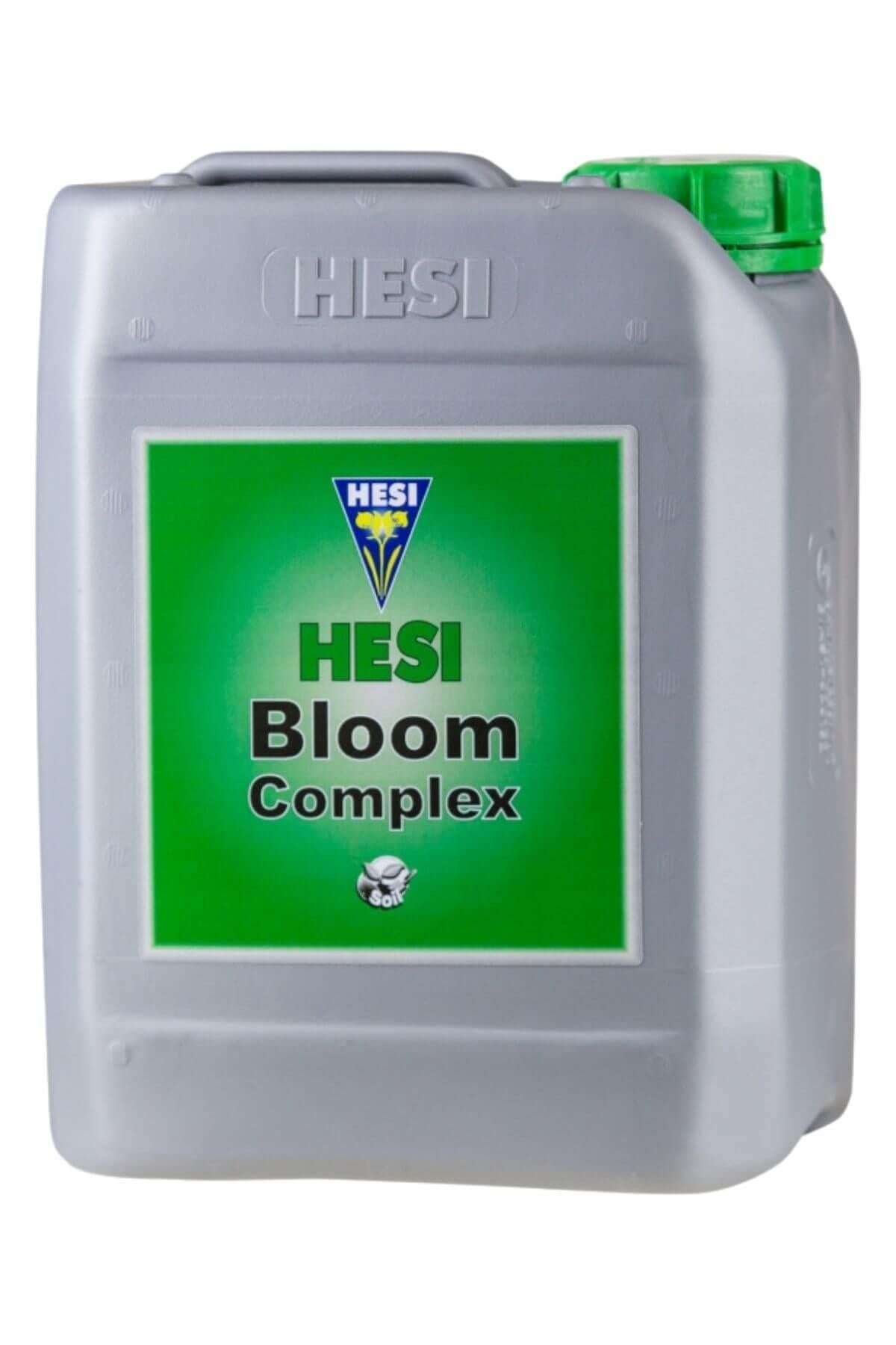 Hesi Bloom Complex 10 litre gri bidon – yeşil etiket, Hesi amblemi, yeşil kapak, kulplu geniş gövde