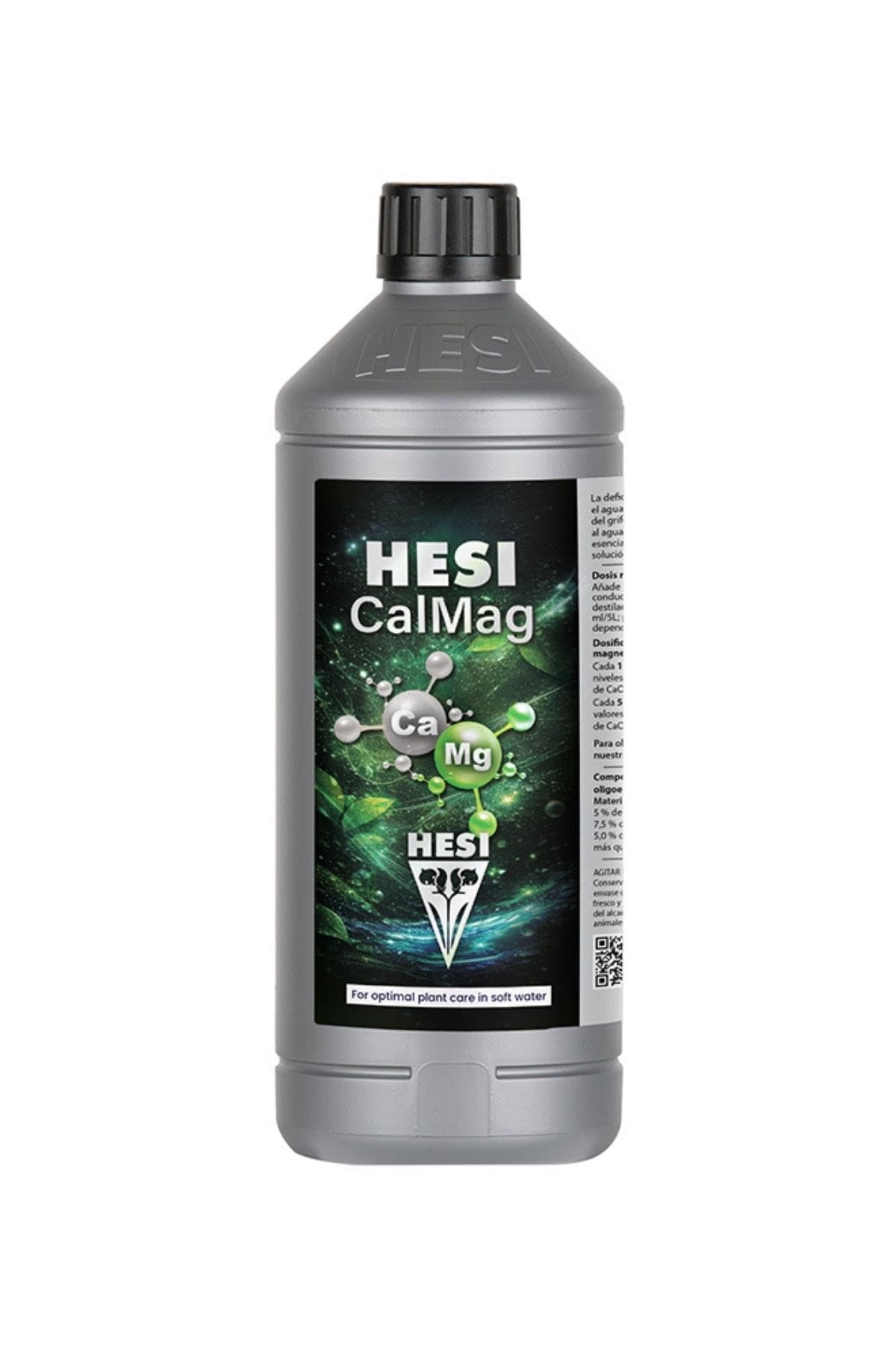 Hesi CalMag 1 litre gümüş şişe – siyah etiket, yeşil yaprak ve molekül görseli, siyah kapak, ölçekli