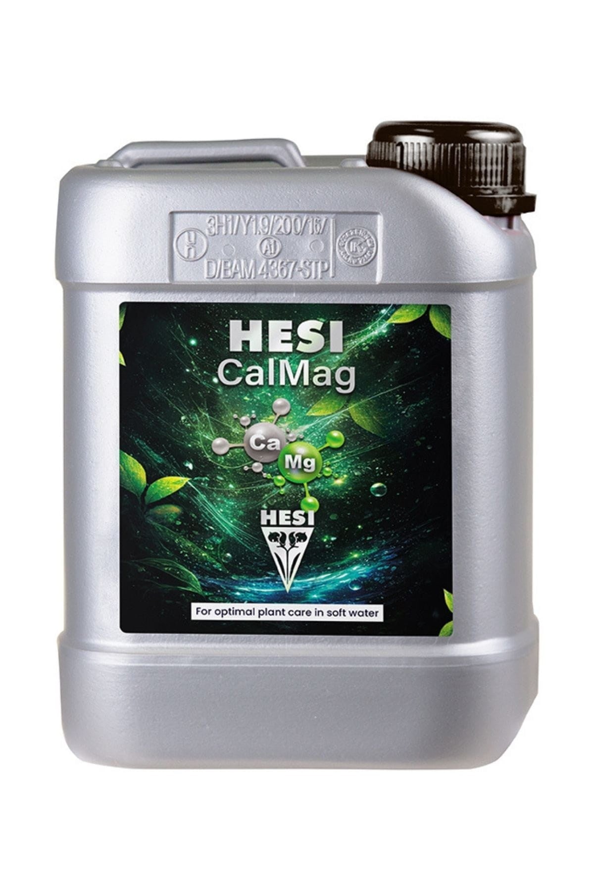 Hesi CalMag 2,5 litre gri bidon – siyah etiket, yeşil yaprak görseli, siyah kapak ve kulplu gövde