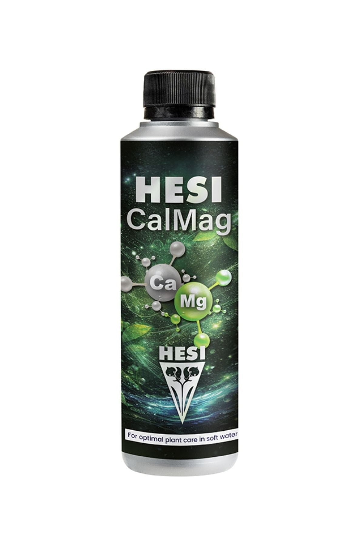 Hesi CalMag 250 ml gümüş şişe – siyah etiket, yeşil yaprak görseli, Ca ve Mg simgeleri, siyah kapak
