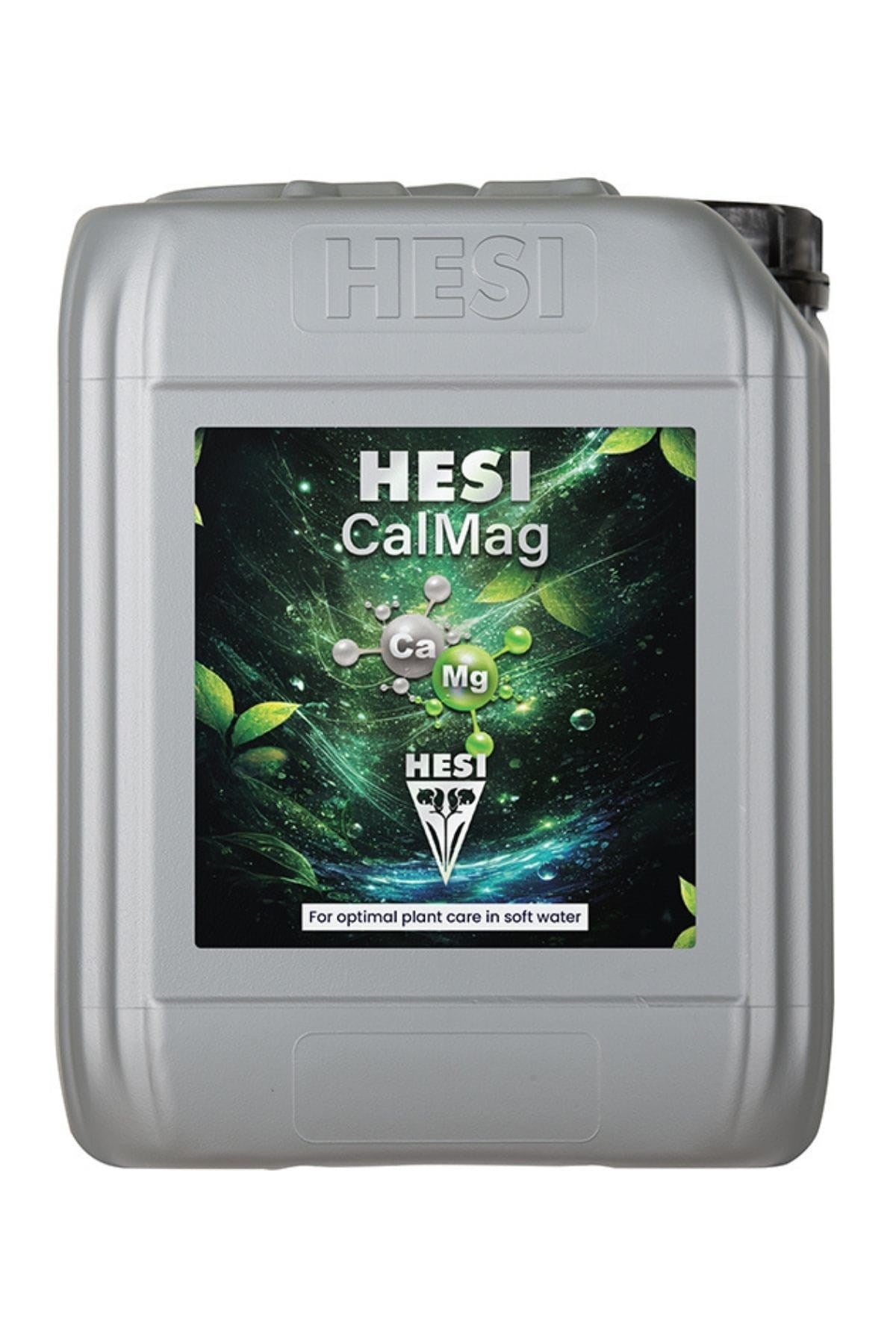 Hesi CalMag 5 litre gri bidon – siyah etiket, yeşil yaprak ve molekül görseli, siyah kapak, kulplu