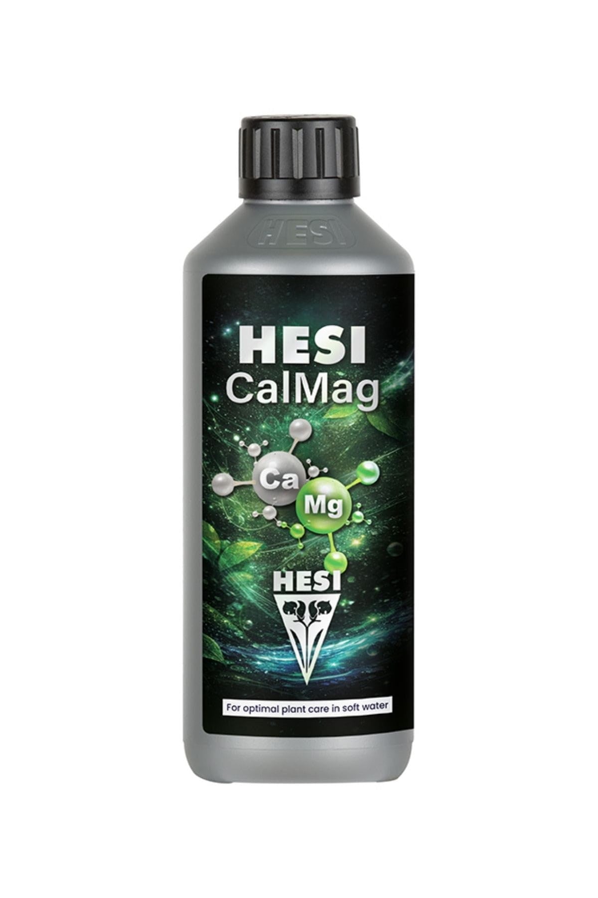 Hesi CalMag 500 ml gümüş şişe – siyah etiket, yeşil yaprak görseli, Ca Mg simgeleri, siyah vidalı kapak