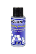 Hesi Clonfix 50 ml mavi etiketli şişe – altıgen desenli tasarım, Rooting Hormone yazısı ve siyah kapak
