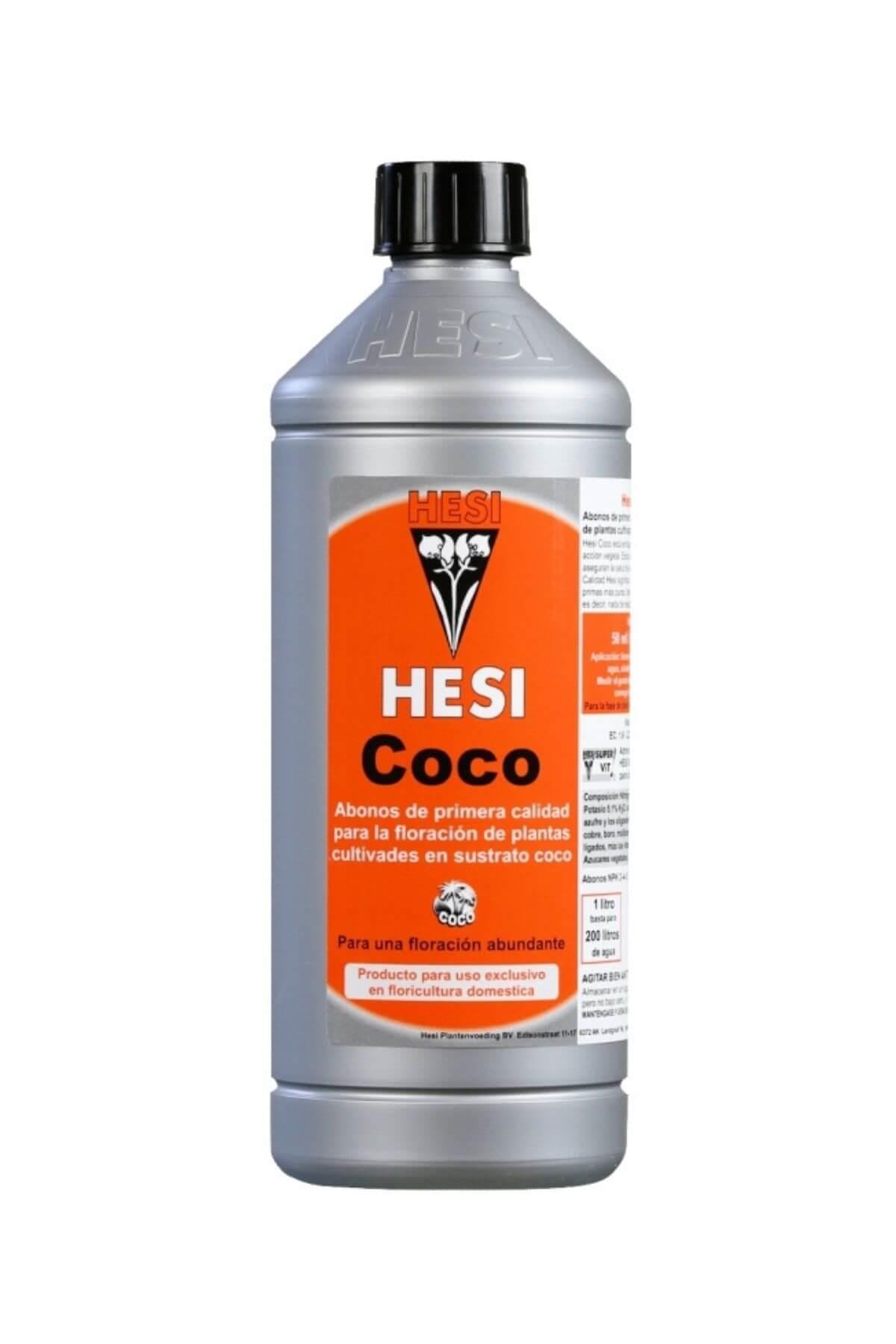 Hesi Coco 1 litre gümüş şişe – turuncu etiket, Hesi amblemi ve siyah vidalı kapak, ölçekli gövde