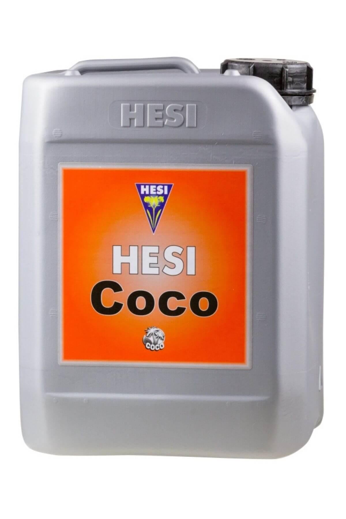 Hesi Coco 5 litre gri bidon – turuncu etiket, Hesi amblemi, siyah kapak ve kulplu geniş gövde