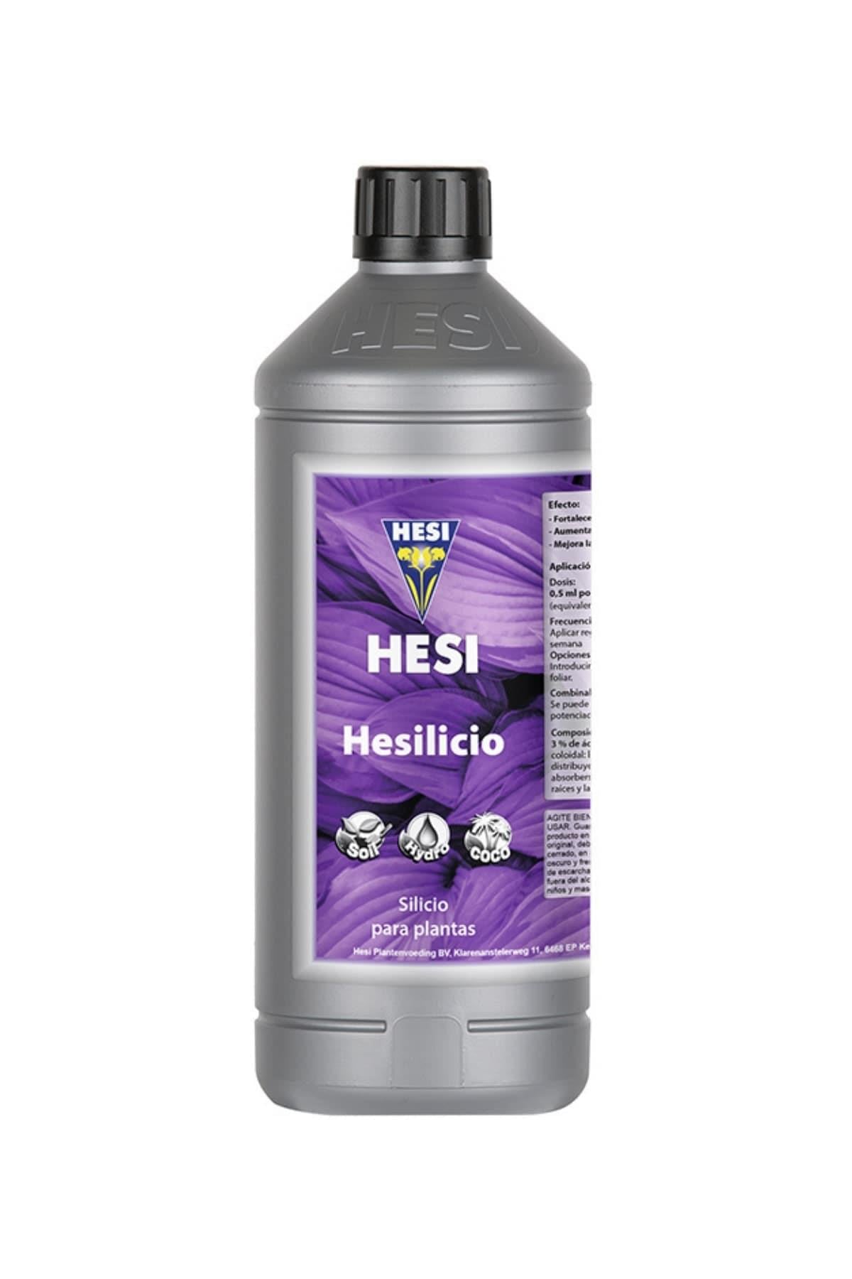 Hesi Hesilicio 1 litre gümüş şişe – mor etiket, Hesi amblemi, siyah kapak ve ölçekli uzun gövde