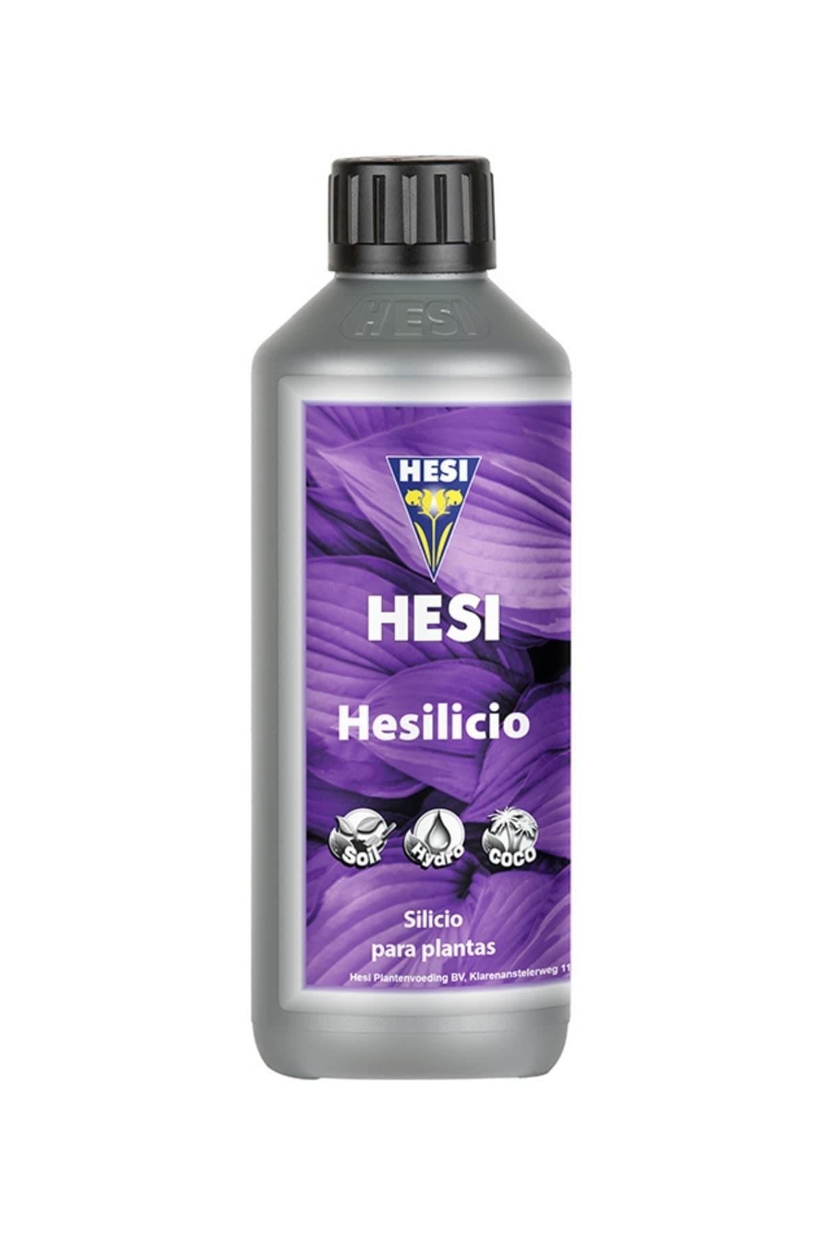 Hesi Hesilicio 500 ml gümüş şişe – mor etiket, Hesi amblemi, siyah kapak ve ölçekli şeffaf gövde