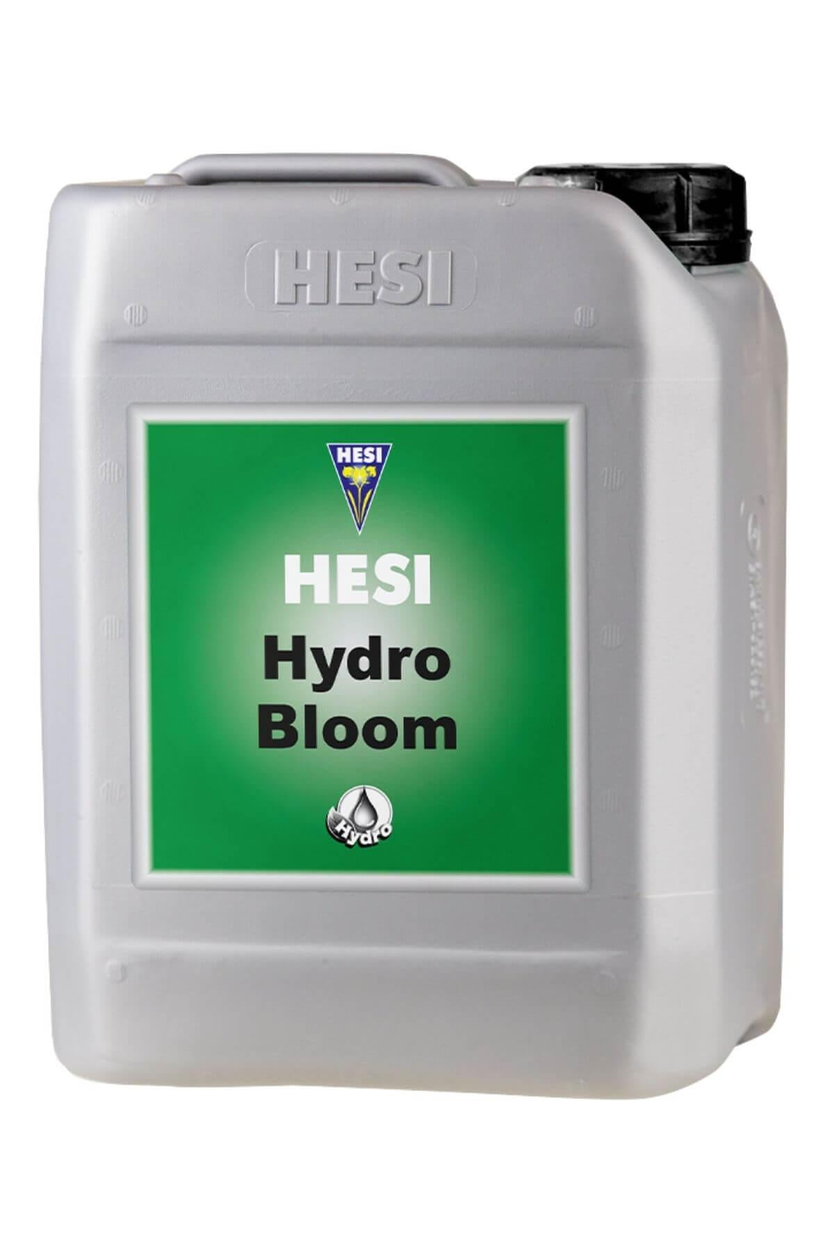 Hesi Hydro Bloom 5 litre gri bidon – yeşil etiket, Hesi amblemi, siyah kapak, kulplu geniş gövde