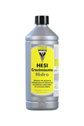 Hesi Hydro Grow 1 litre gümüş şişe – sarı etiket, Hesi amblemi, siyah kapak ve ölçekli gövde