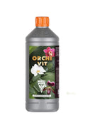 Hesi Orchivit 1 litre gümüş şişe – orkide görselli etiket, turuncu kapak ve ölçekli uzun gövde