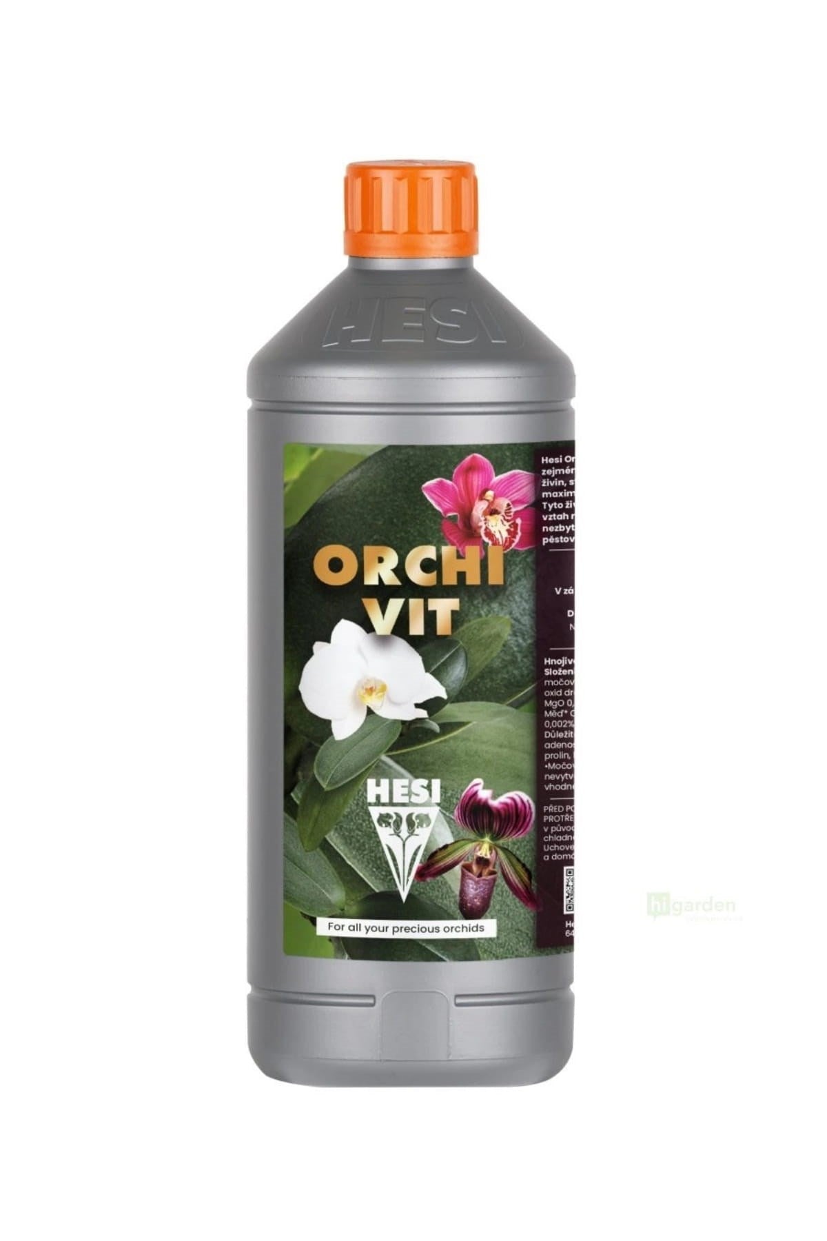Hesi Orchivit 1 litre gümüş şişe – orkide görselli etiket, turuncu kapak ve ölçekli uzun gövde