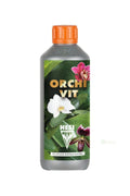 Hesi Orchivit 500 ml gümüş şişe – beyaz orkide fotoğraflı etiket, turuncu kapak ve Hesi amblemi