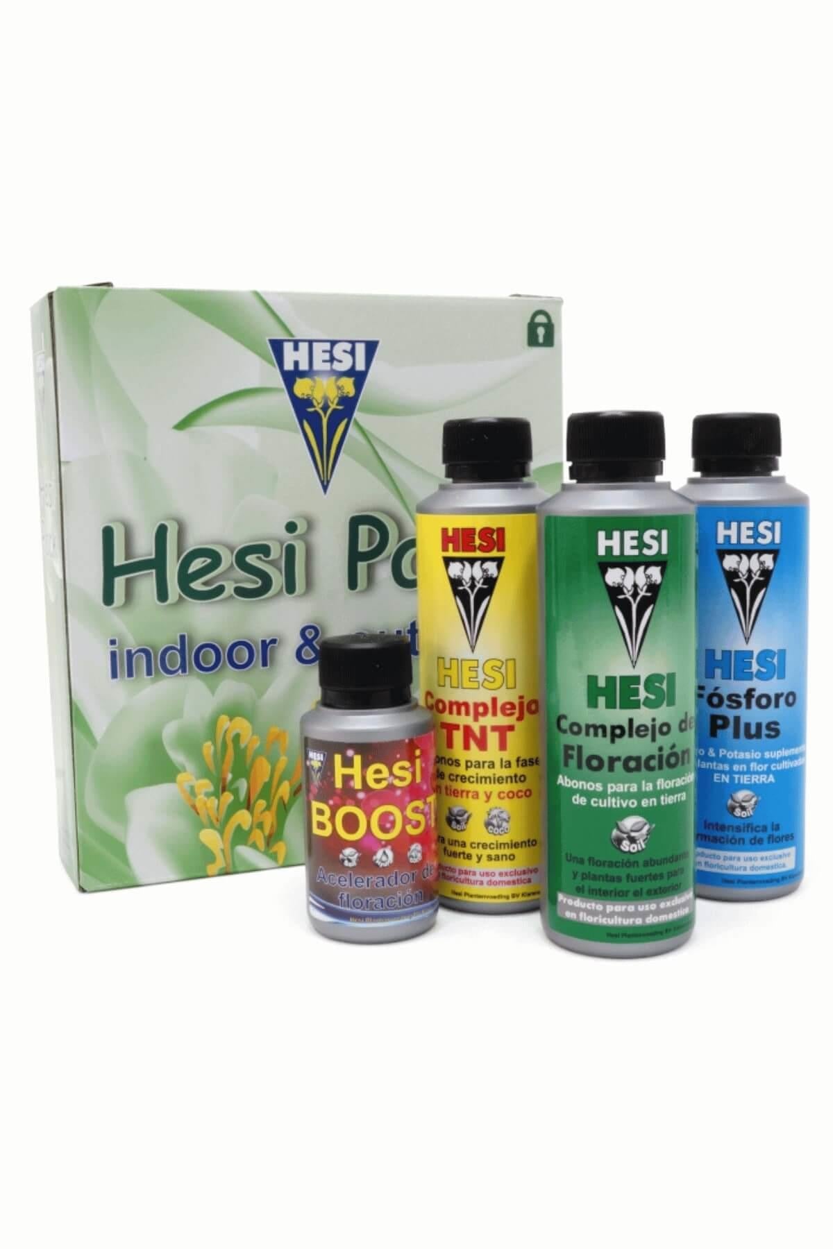 Hesi Pack Soil – beyaz yeşil kutu ve önünde TNT Complex, Bloom Complex, Phosphorus Plus ve Boost şişeleri