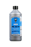 Hesi PK 13/14 1 litre gümüş şişe – açık mavi etiket, Hesi amblemi, siyah kapak ve ölçekli şeffaf gövde