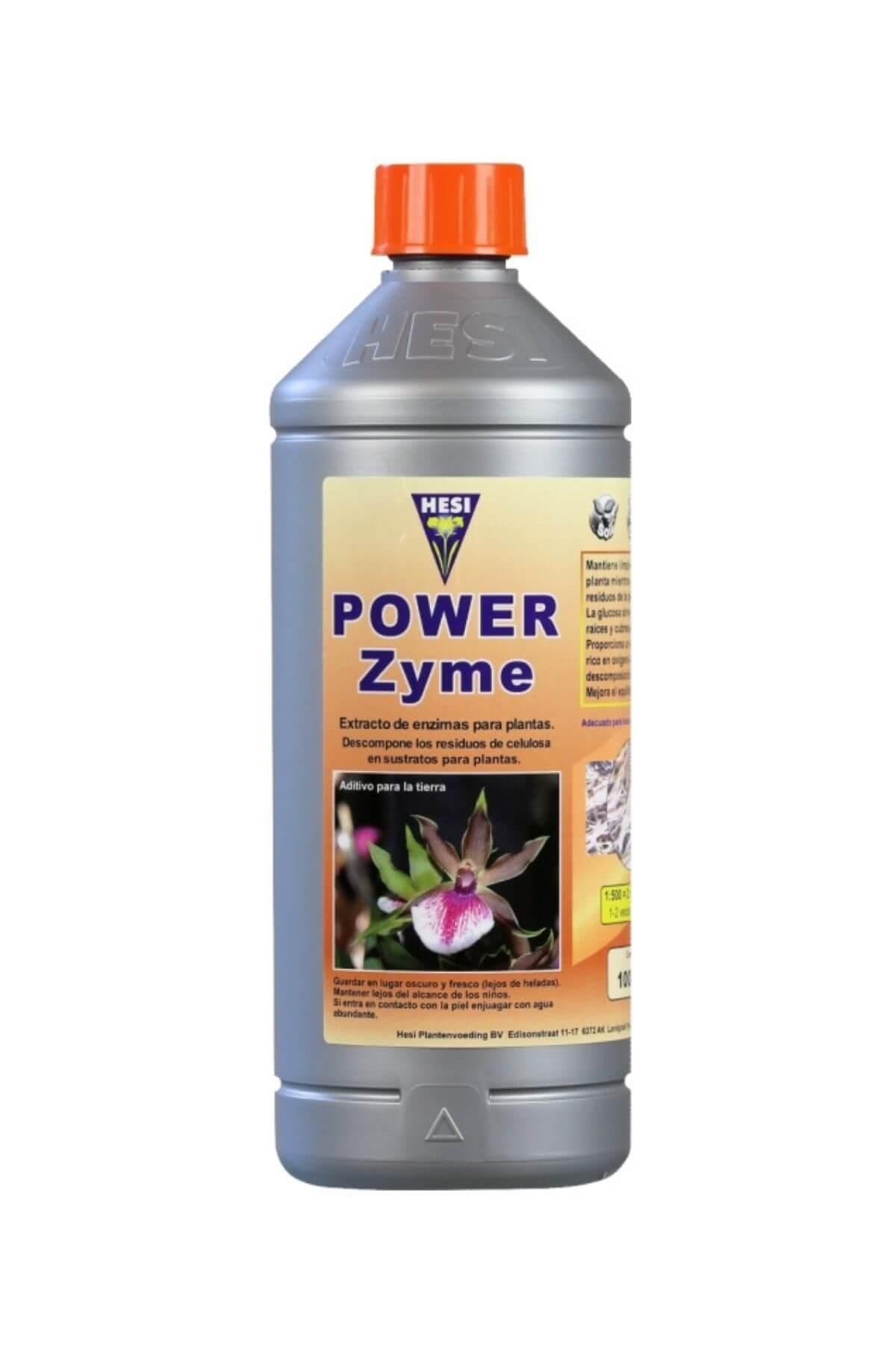 Hesi Power Zyme 1 litre gümüş şişe – krem sarısı etiket, orkide görseli, turuncu kapak, ölçekli gövde