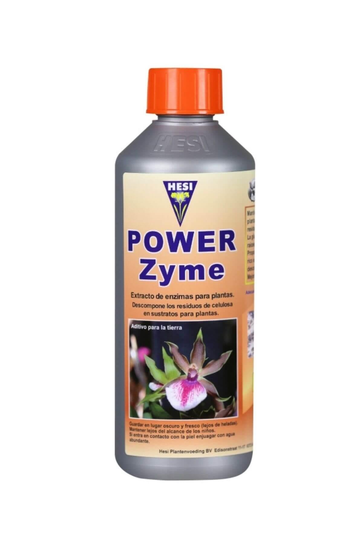 Hesi Power Zyme 500 ml gümüş şişe – krem sarısı etiket, orkide fotoğrafı ve turuncu vidalı kapak