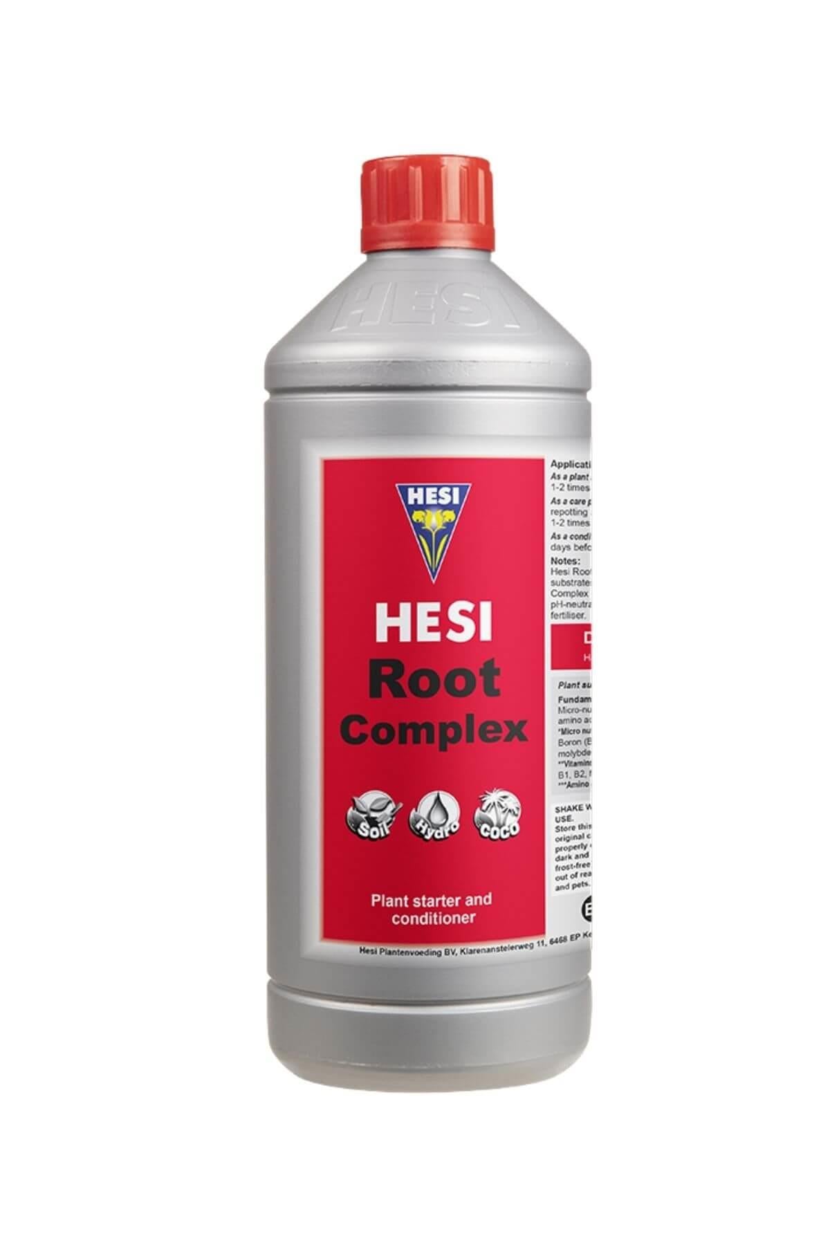 Hesi Root Complex 1 litre gümüş şişe – kırmızı etiket, Hesi amblemi, kırmızı kapak ve ölçekli gövde