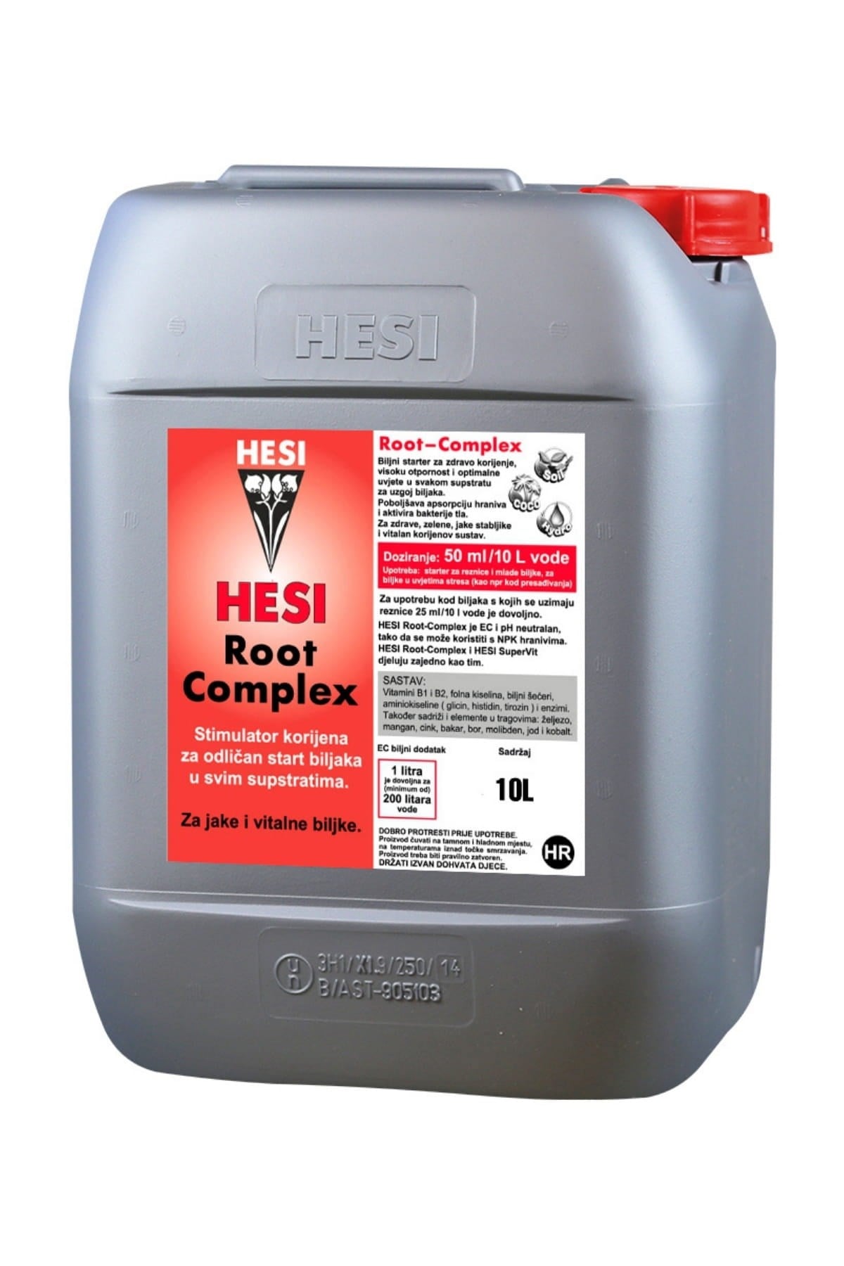 Hesi Root Complex 10 litre gri bidon – kırmızı etiket, Hesi amblemi, kırmızı kapak, kulplu geniş gövde
