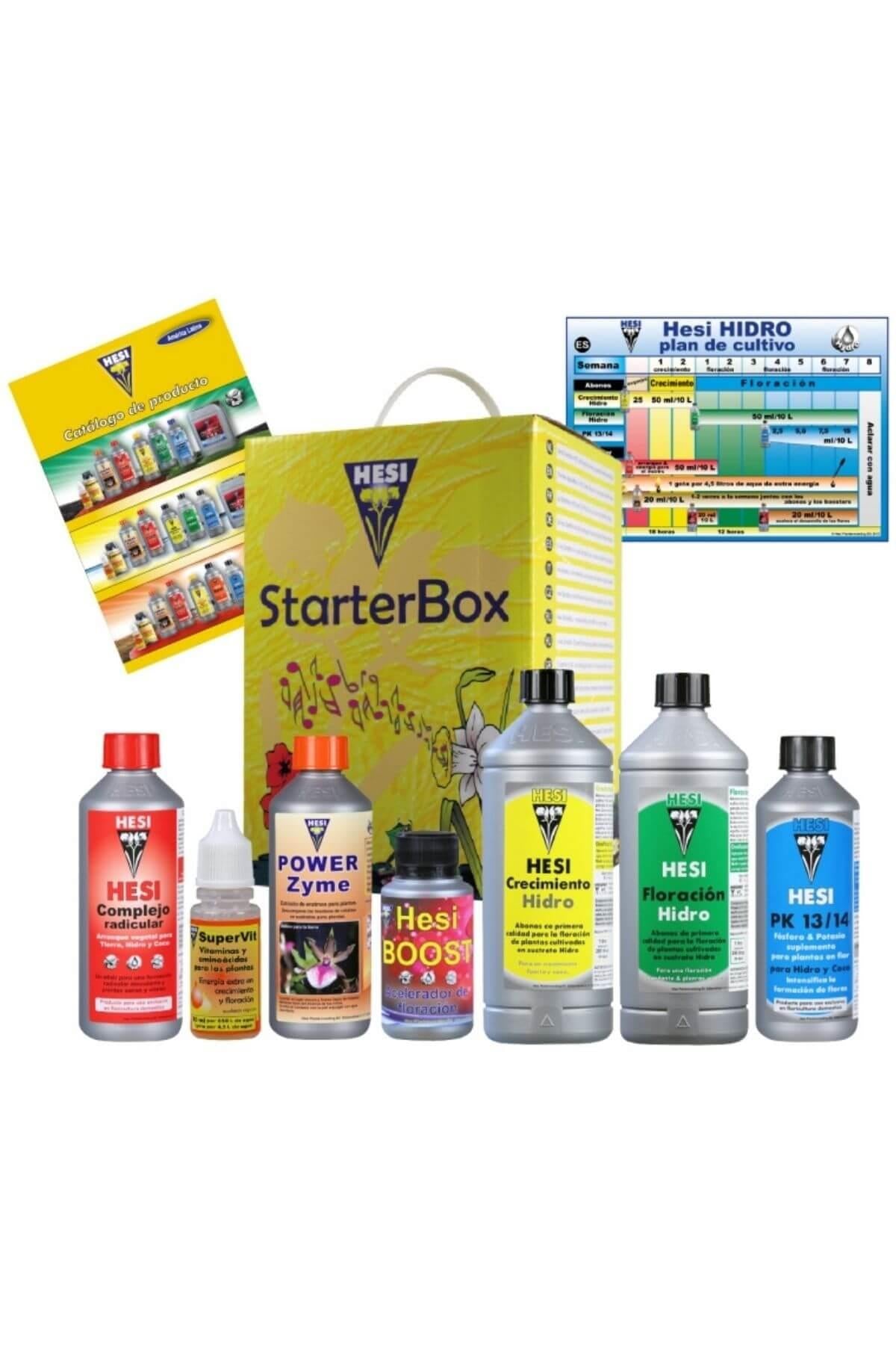 Hesi Starter Box Hydro – karton kutu ve içinde yedi adet Hesi ürünü ile yetiştirme takvimi broşürü