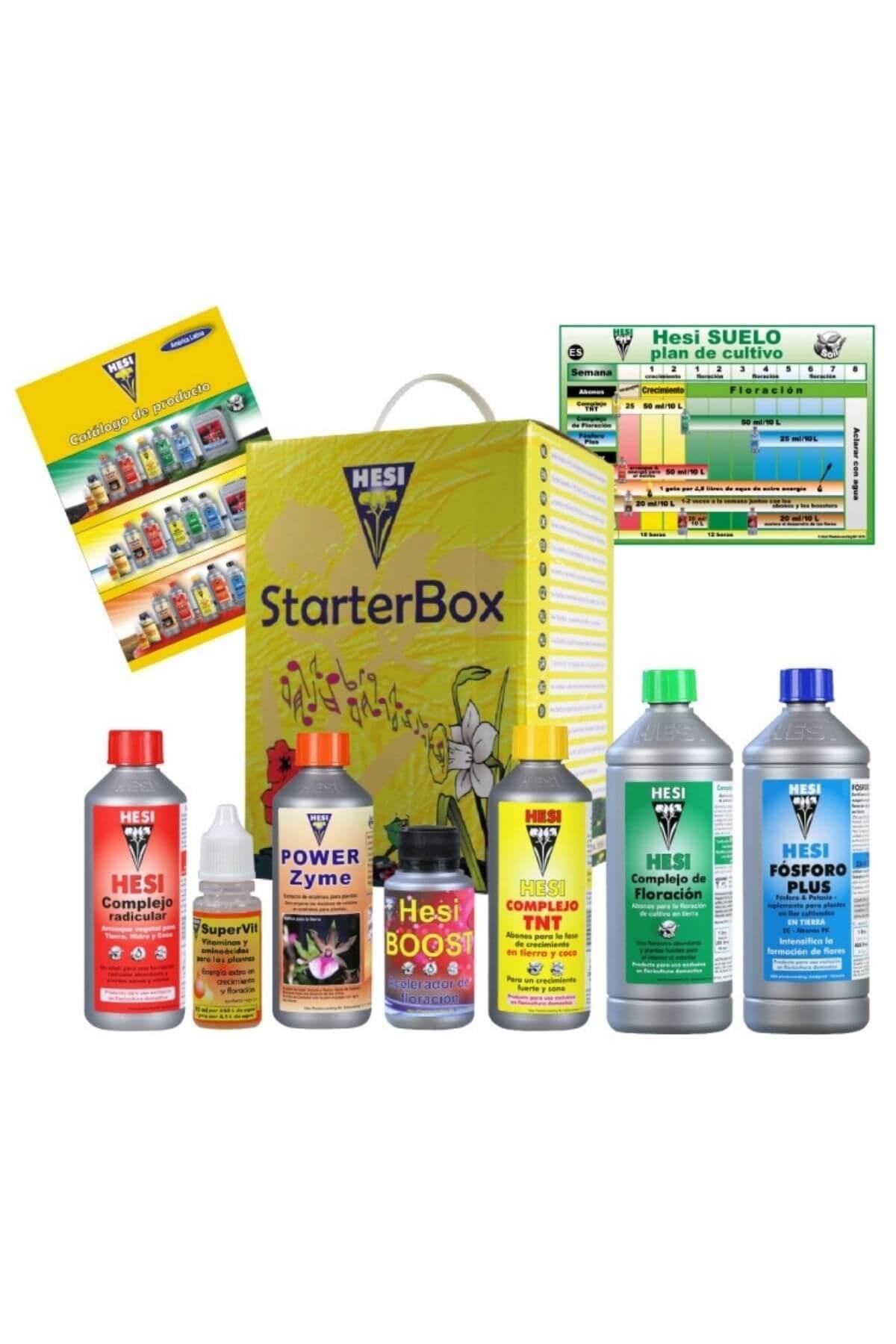 Hesi Starter Box Soil – karton kutu ve içinde yedi adet Hesi ürünü ile besleme takvimi broşürü
