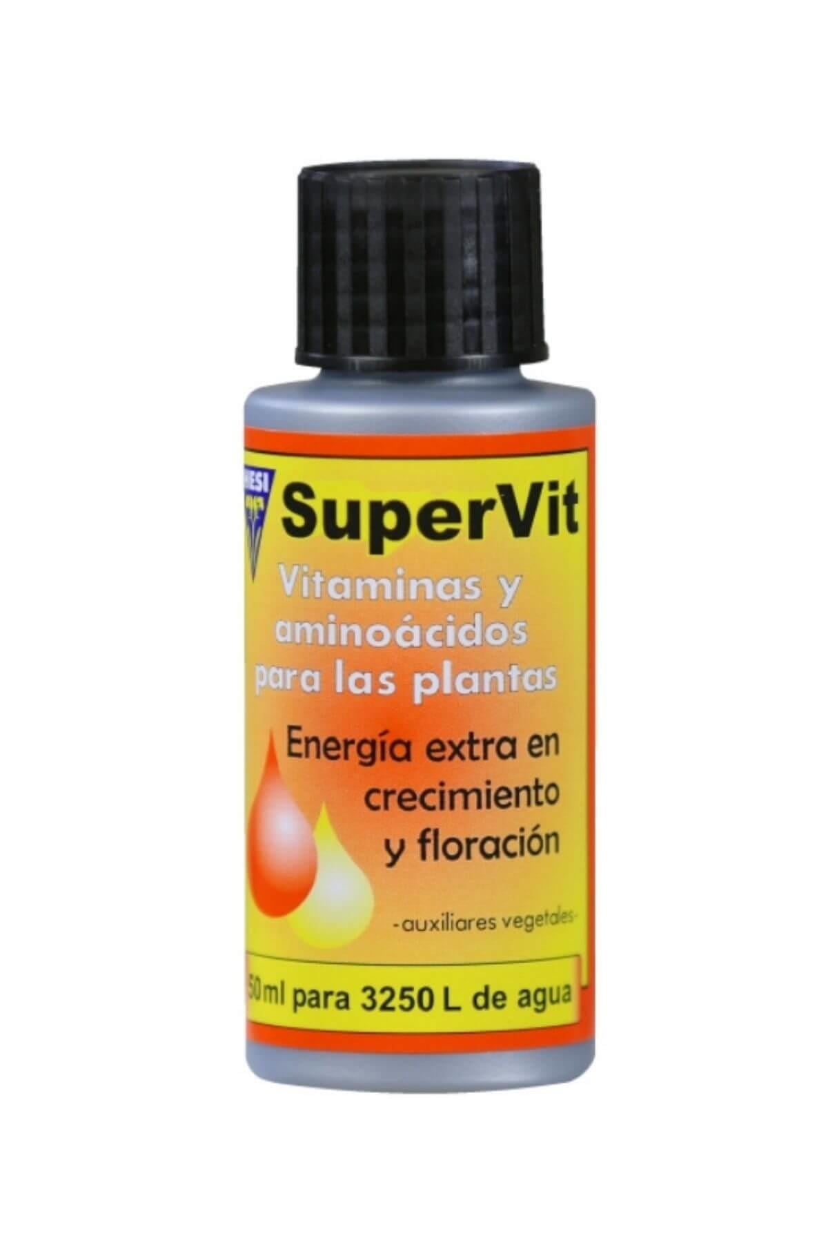 Hesi Super Vit 50 ml damlalıklı şişe – turuncu sarı etiket, siyah kapak ve Hesi amblemli ön tasarım