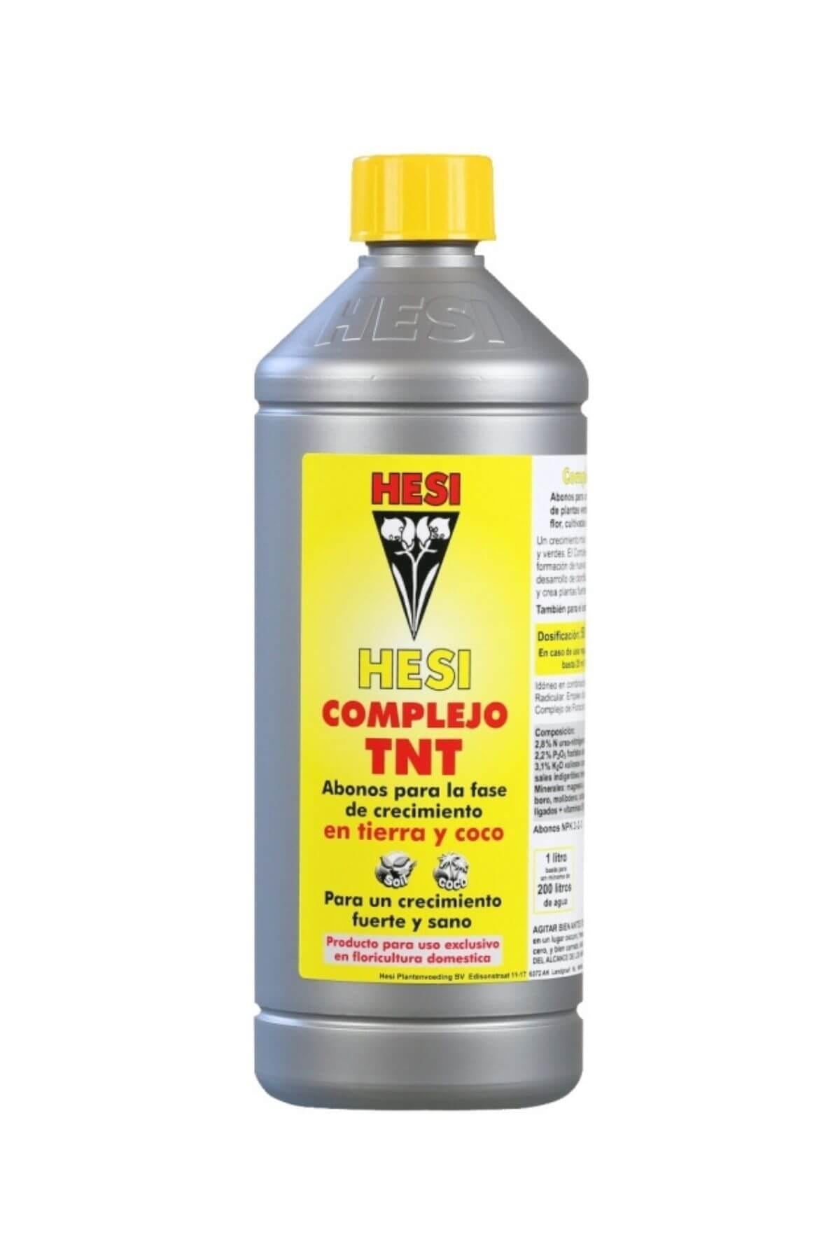 Hesi TNT Complex 1 litre gümüş şişe – sarı etiket, siyah bitki amblemi, sarı kapak ve ölçekli gövde