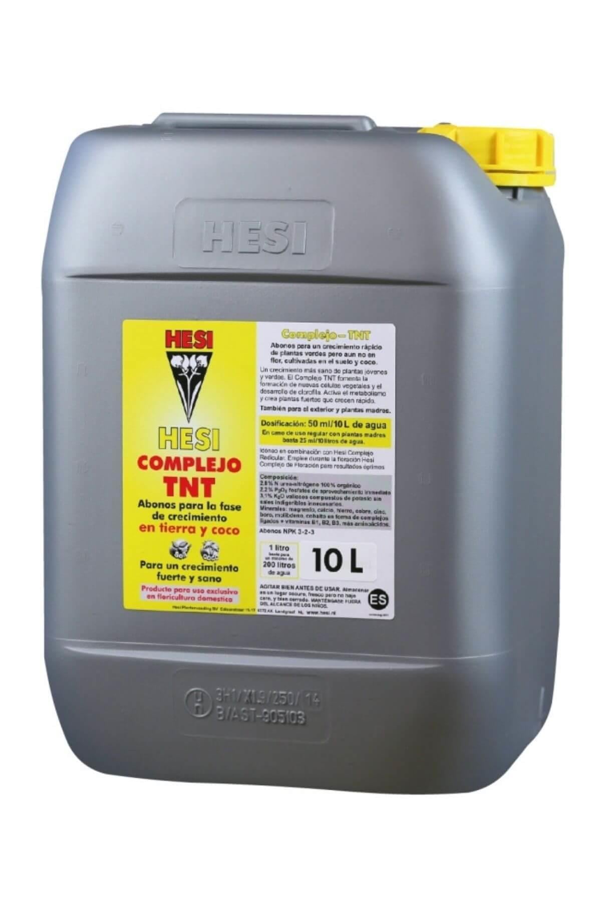 Hesi TNT Complex 10 litre gri bidon – sarı etiket, siyah bitki amblemi, sarı kapak, kulplu geniş gövde